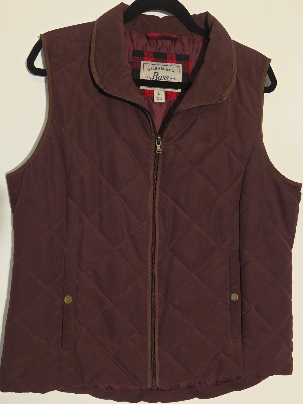 Bass Quilted Vest in Deep Plum with Brown Trim